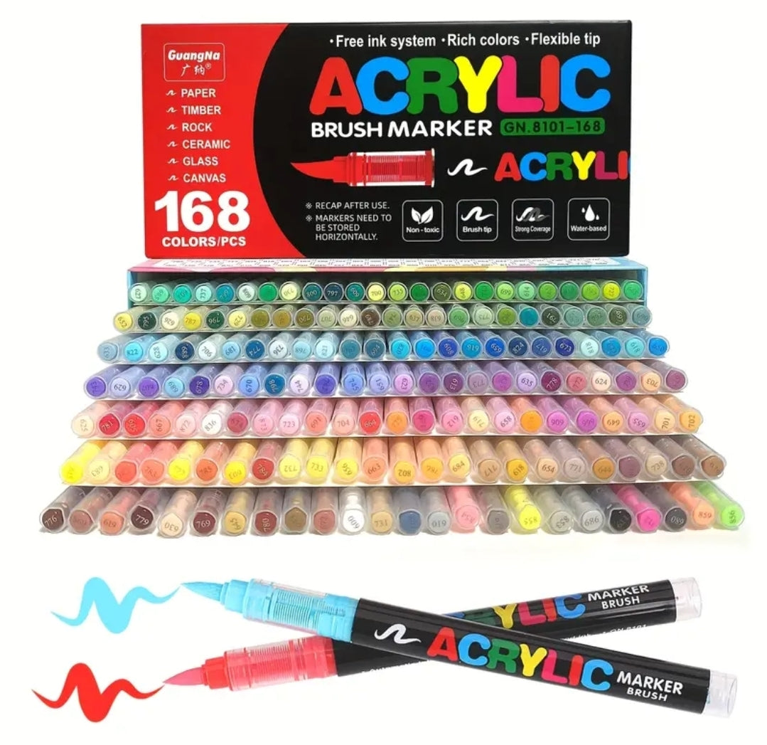 Guangna Feutres acryliques 168, feutres à pointe fine flexible et précise, encre opac superposable, cahier de coloriage, verre, céramique, roche, bois, pierre, peinture sur tissu