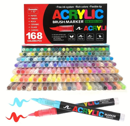 Guangna Feutres acryliques 168, feutres à pointe fine flexible et précise, encre opac superposable, cahier de coloriage, verre, céramique, roche, bois, pierre, peinture sur tissu