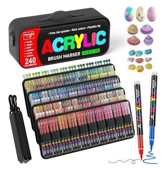 Guangna 240 Marqueurs Acryliques à Pointe Pinceau - Trousse Portable, Nuancier de Couleurs & 20 Pointes de Rechange, Feutre Acrylique Liquide Direct - Idéal pour Verre, Céramique, Pierre, Coloriage